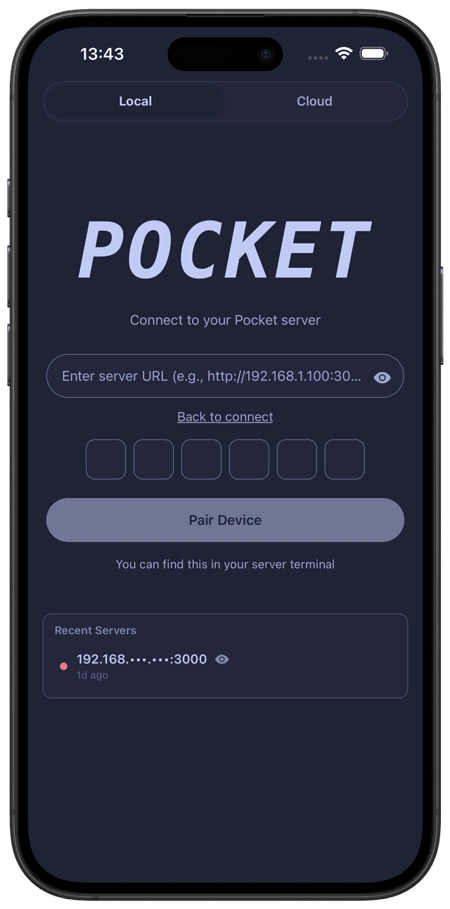 Pocket app pairing screen
